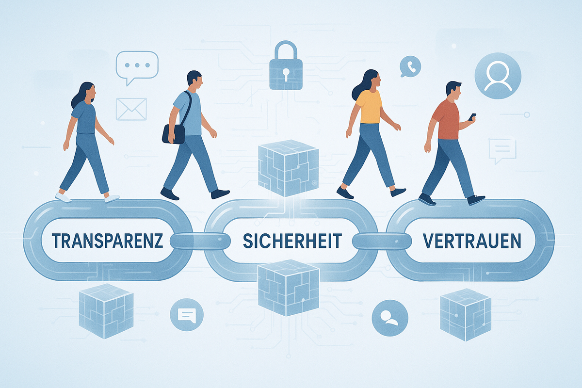 Menschen gehen auf einer Blockchain-Lieferkette mit Symbolen für Transparenz, Sicherheit und Vertrauen.